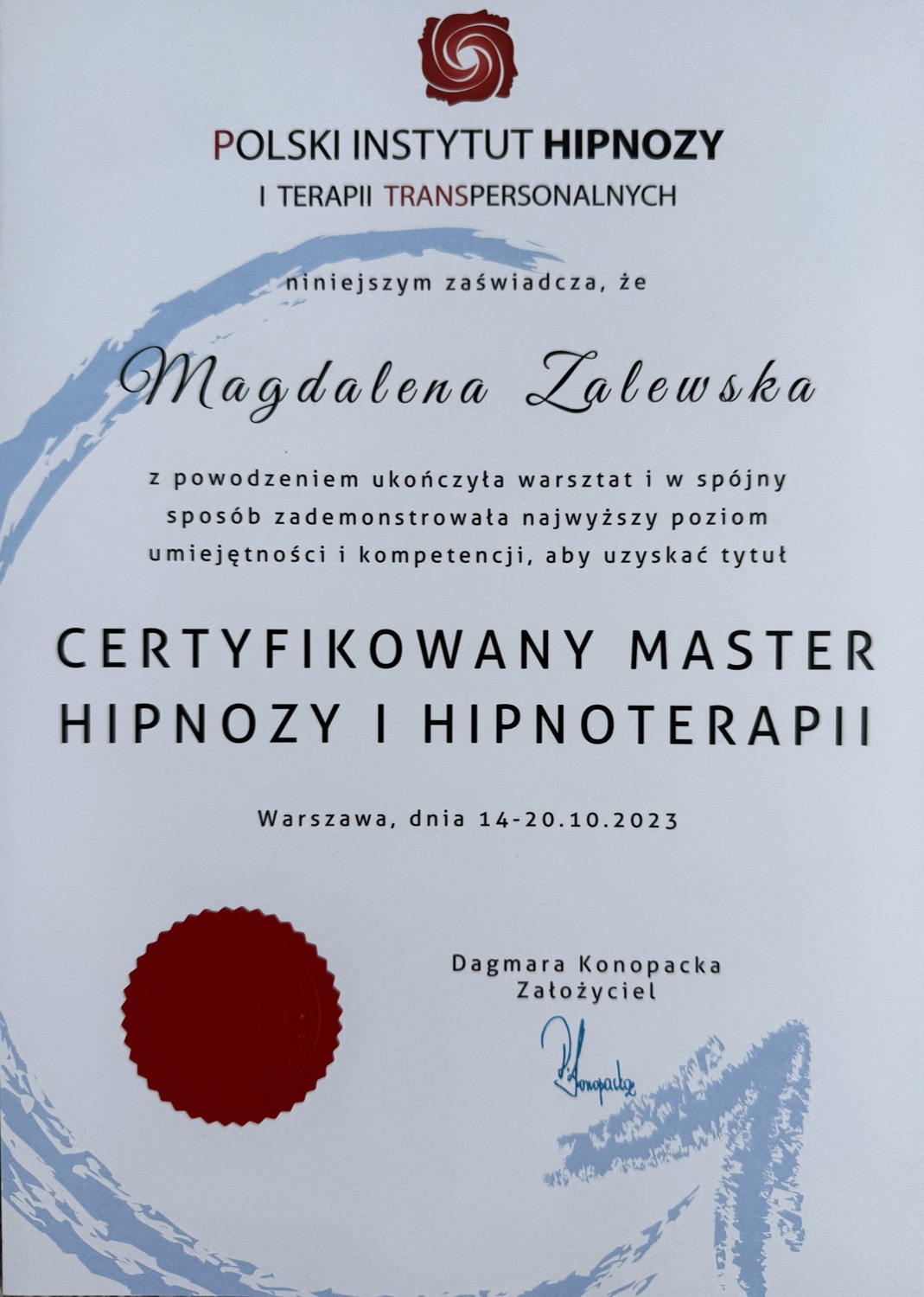 Certyfikat Master Hipnozy i Hipnoterapii