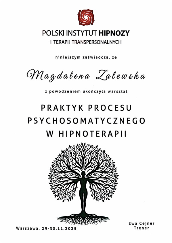 Certyfikat Praktyk Procesu Psychosomatycznego w Hipnoterapii